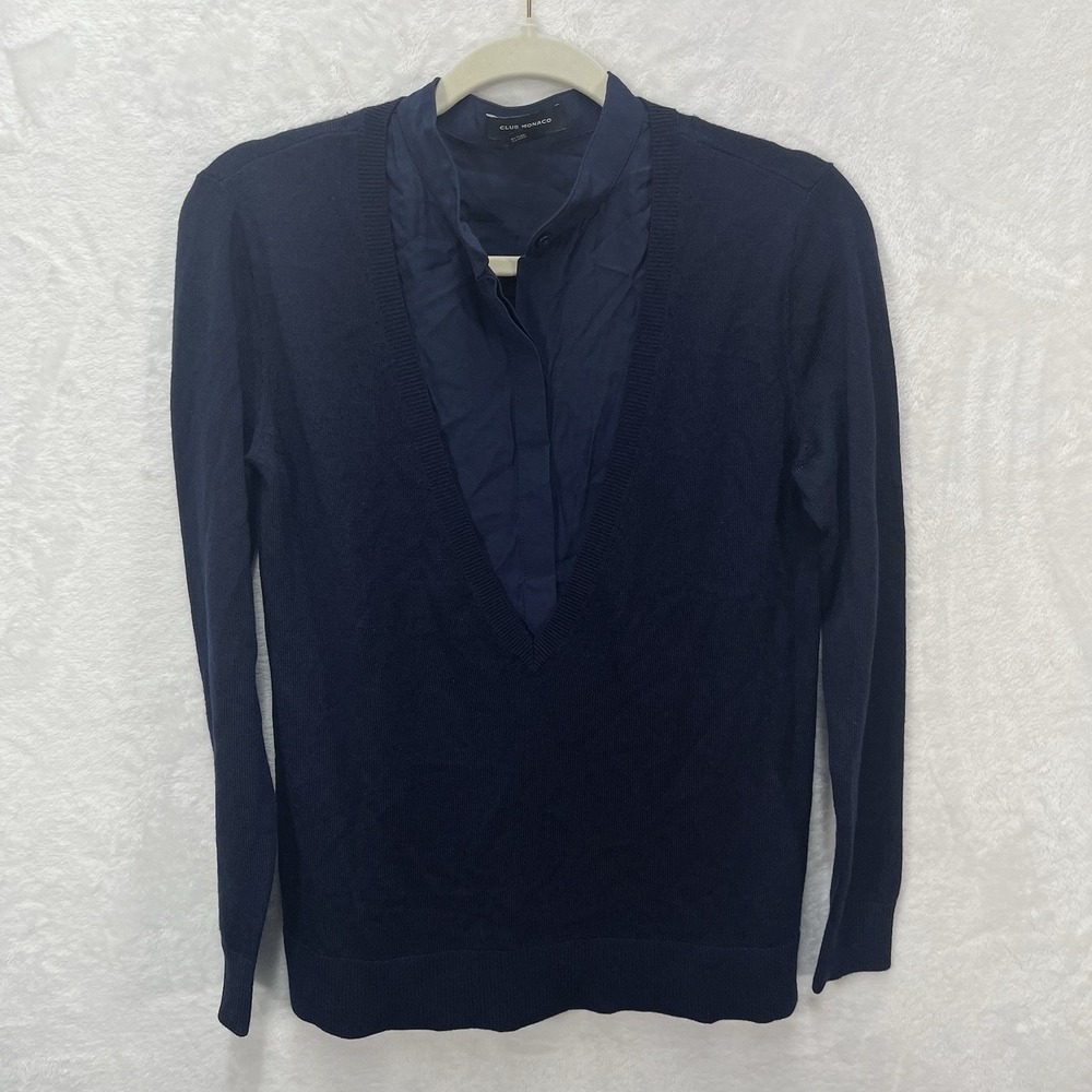Club Monaco Vneck Sweater Womens XS Navy Wool Blend Mixed Media Professional